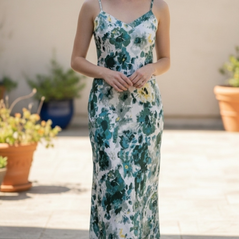 Lucky Brand Green & White Floral Maxi Dress Spaghetti Straps Size M